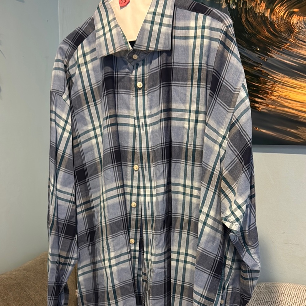 Thomas Dean Blue and White Plaid Casual Shirt